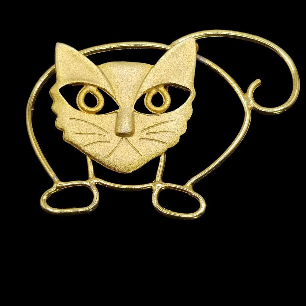 Vintage 80s Brooch Cat Open Wire Gold Tone Kitty DIANA MARCO Fashion Jewelry